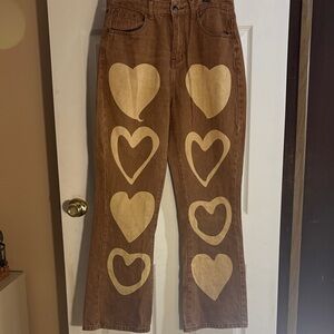 Women’s SHEIN Brown Heart-Print Jeans LARGE 30x30”inseam